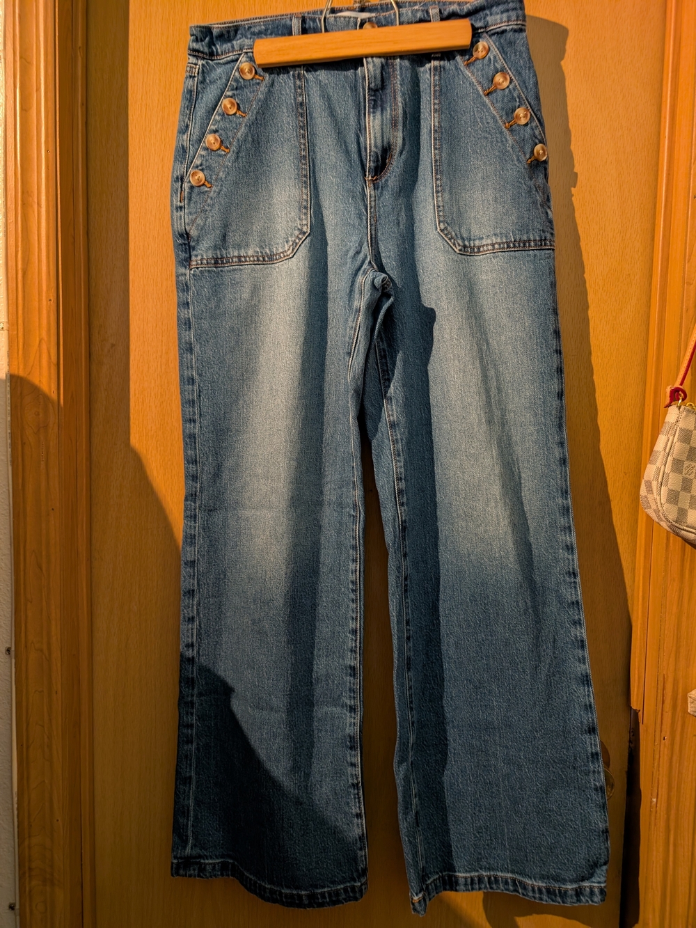 LOFT Blue Wide-Leg Denim Jeans with Button Accent